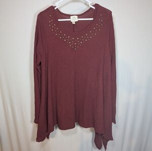 Knox Rose Maroon Long Sleeve Blouse Gem Metal Sweater Casual Winter 1X Plus
